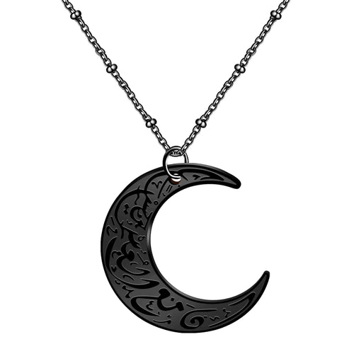 Person wearing a black stainless steel Islamic crescent moon Arabic necklace, unisex jewellery for men and women by Balmoral Living