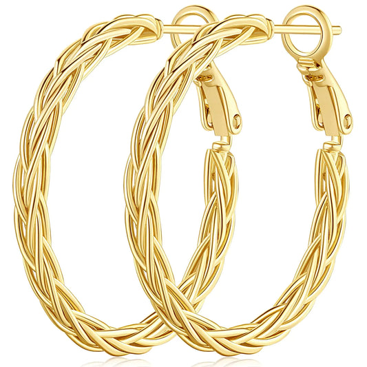 Amoxos Gold Hoops 14K Gold Hoop Earrings for Women Unique Gold Hoops Gold Earrings Hoops Trendy Fine Weave Design 14K Gold Earrings Women Jewelry 30MM