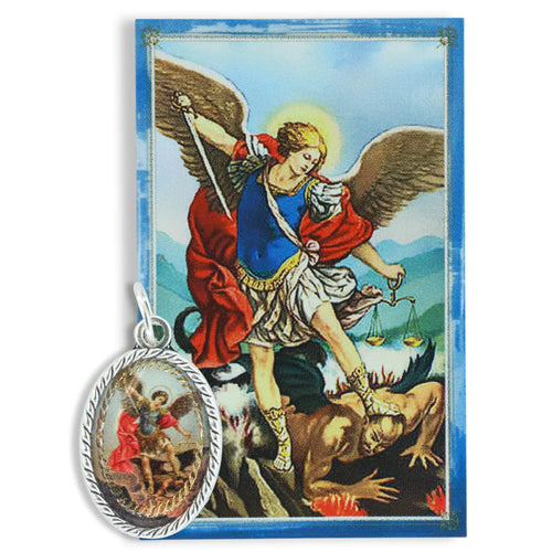 St Michael the Archangel Medal for Necklace and Cardstock Saint Image - 7/8" Color Saint Michael Medal Pendant for Catholic Necklace - Made in Italy