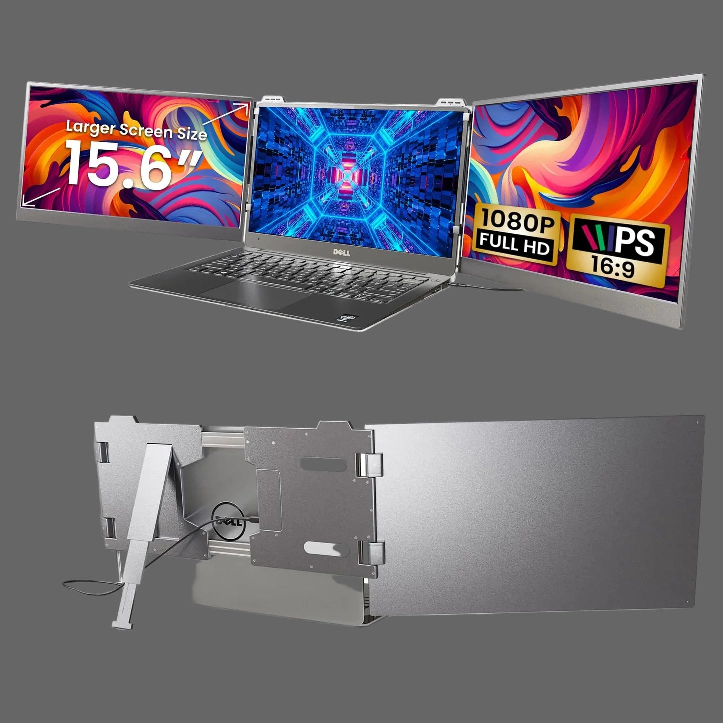 Laptop with a detachable screen displaying colorful wallpapers, accompanied by a stand on a white background.