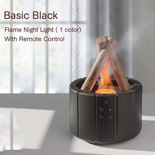 Black flame night light with remote control on a neutral background and  LED mood lighting for bedroom relaxation and home decor