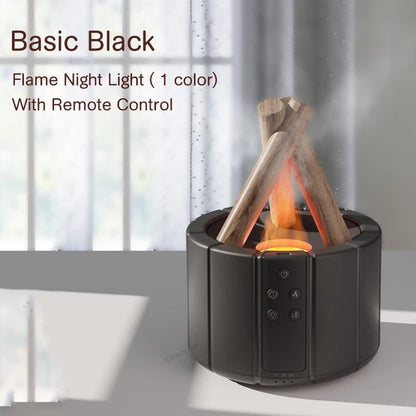 Black flame night light with remote control on a neutral background and  LED mood lighting for bedroom relaxation and home decor