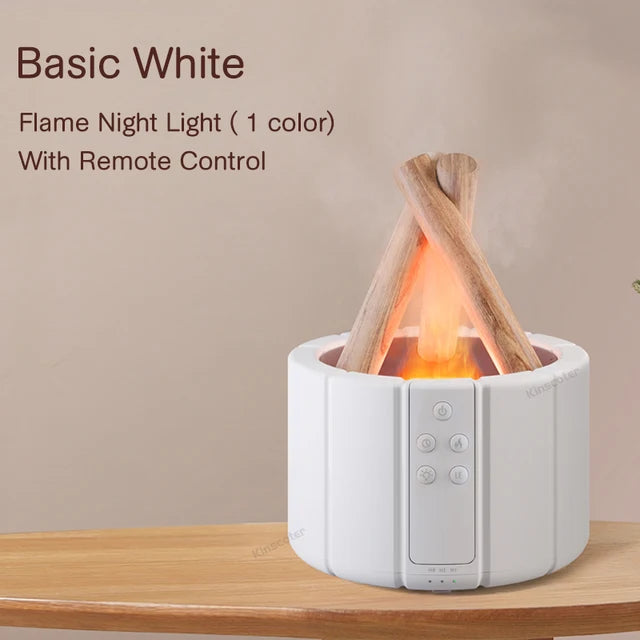Flame night light with remote control on a wooden surface, featuring basic white color.
